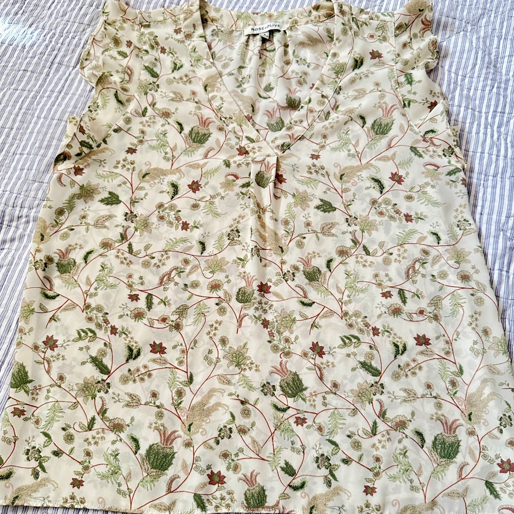 Rose & Olive Cream Botanical Floral Top - S Small - Boho Ruffle Romantic - Picture 4 of 15